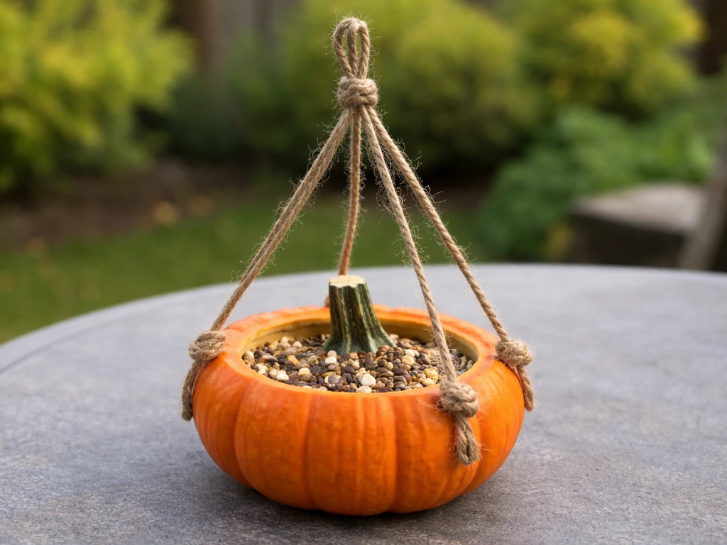 Three equal twine loops tied securely around a pumpkin bird feeder, ready to hang outdoors