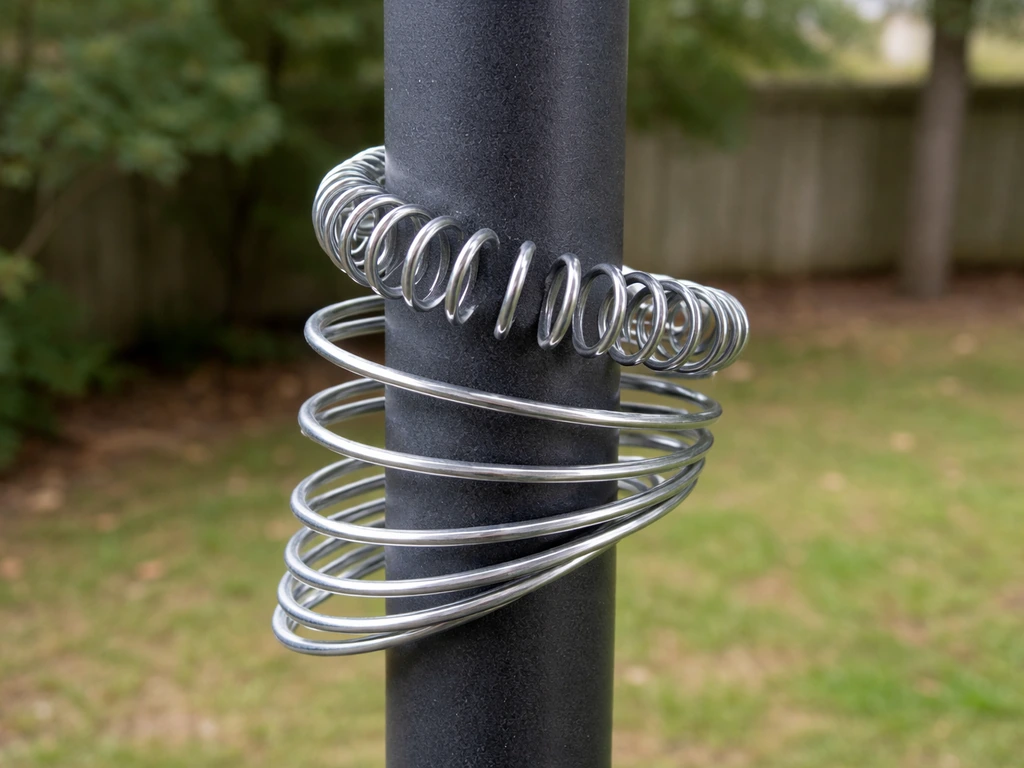 Close-up of a stretched metal Slinky wrapped on a bird feeder pole, showing coils under tension.