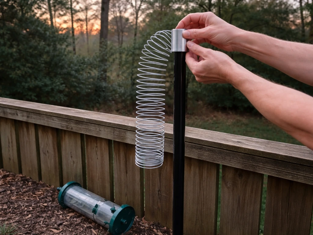 Hands slide a Slinky onto a bird feeder pole as the feeder rests nearby outdoors.