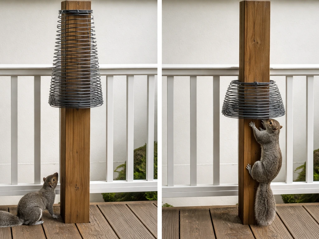 Two panels showing a squirrel safety setup: Slinky high with clearance vs low Slinky accessible by a squirrel.