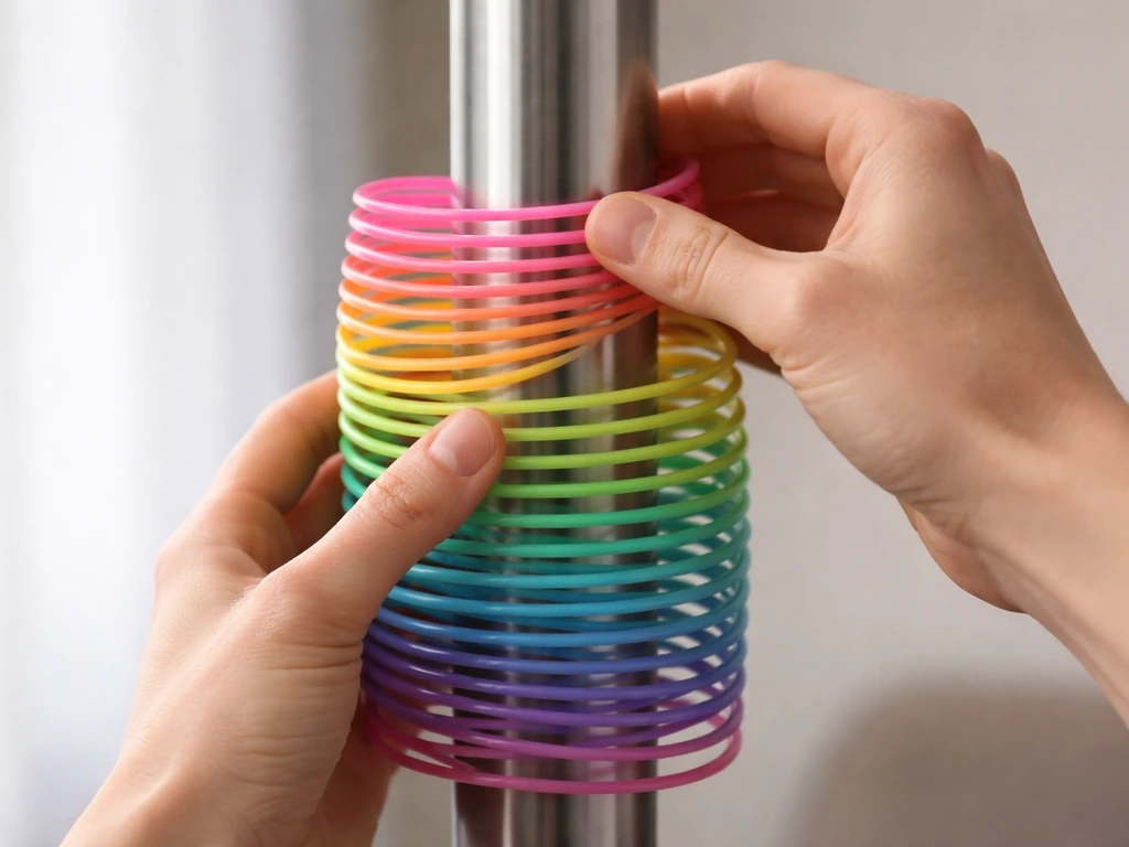 Close-up of a plastic slinky on a pole with a visible gap, being gently adjusted to eliminate space.