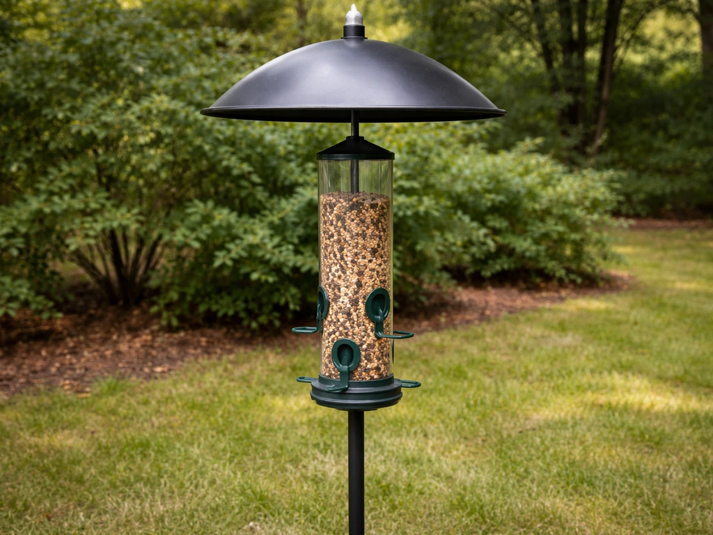 Tube feeder on a pole with a visible baffle to deter squirrels from climbing.