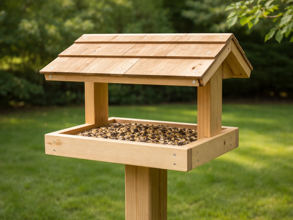 Roofed platform bird feeder on a yard post with the seed tray visible in natural light.