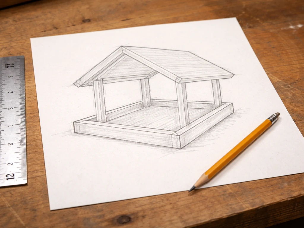 Minimal workbench photo showing a pencil sketch of a 24x24 feeder platform and roof shape on paper.