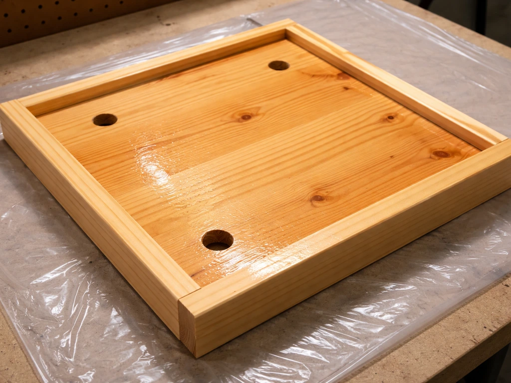 Close-up of a square wooden platform base with rim pieces and sealant drying; drainage holes visible