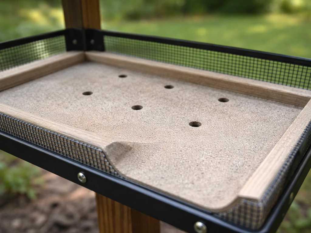 Close-up of a bird feeder base with drainage holes and a shallow, non-pooling platform surface.