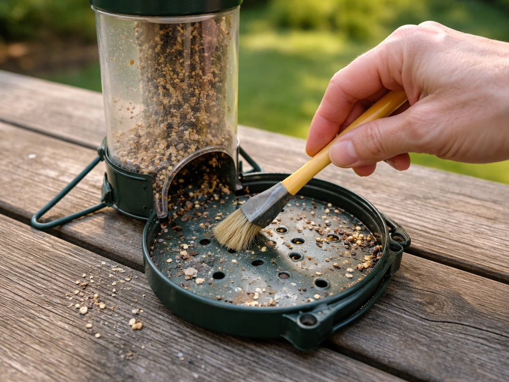 Close-up of cleaning a backyard bird feeder on a deck, brushing out seed and drainage holes.