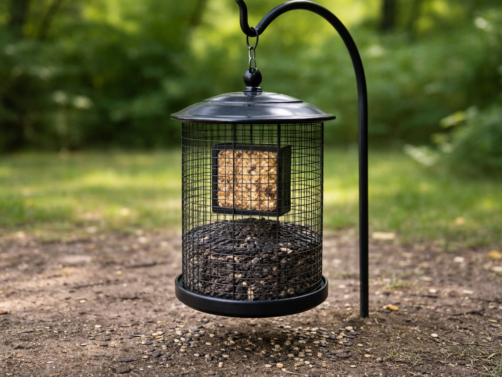 Wire bird feeder filled with sunflower seeds and a suet cake, hanging outdoors in soft daylight.