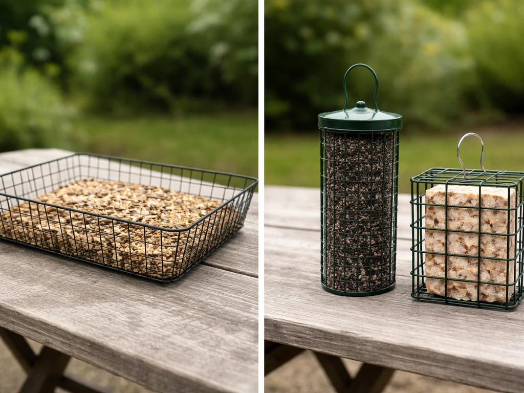 Two-panel photo showing wide wire feeder with seed mix and tighter feeders with small seeds and suet.