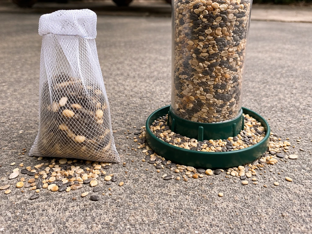 Outdoor patio bird feeders showing fine-mesh seed slipping through and spillage from an overfilled feeder.