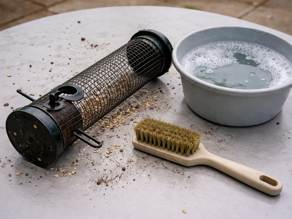 Empty wire bird feeder with visible debris, stiff brush, and bucket for cleaning