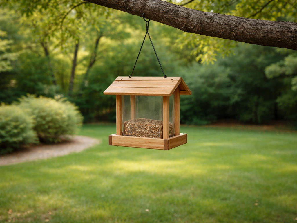 Bird feeder hanging from a sturdy branch in a backyard, showing height and yard context.