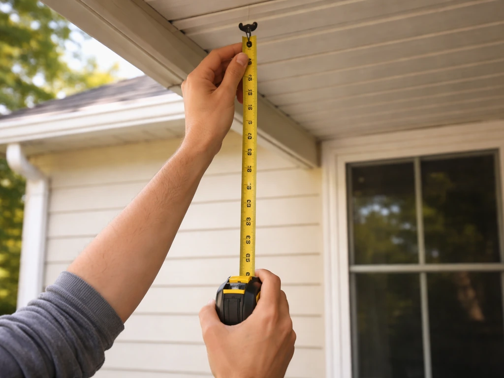 Hands holding a measuring tape near a porch window to show a safe hanging height guideline.