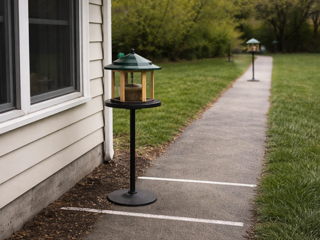Side view of a feeder near a window with distance cues showing within 3 feet vs beyond 30 feet.