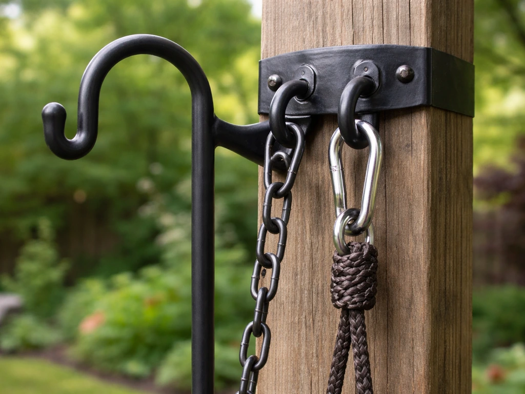 Close-up of a shepherd’s hook, a hanging chain/cord, and a secure squirrel-resistant feeder mount on a wooden post.