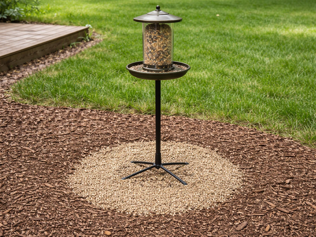 Bird feeder above a mulched garden bed with a clean area below and minimal seed hull mess.
