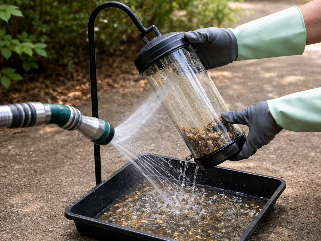 Gloved hands lower and rinse a backyard bird feeder into a catch tray for easy cleaning access.