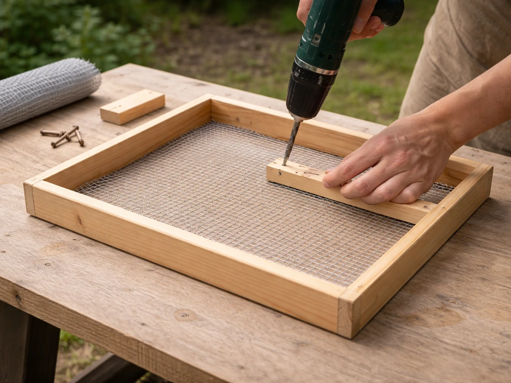 Hands using a drill to attach drainage mesh to a raised wooden tray base on a workbench