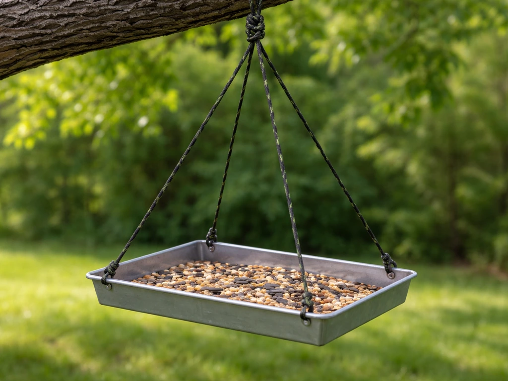 A rectangular tray feeder hangs level from a tree branch using four equal paracord lengths.