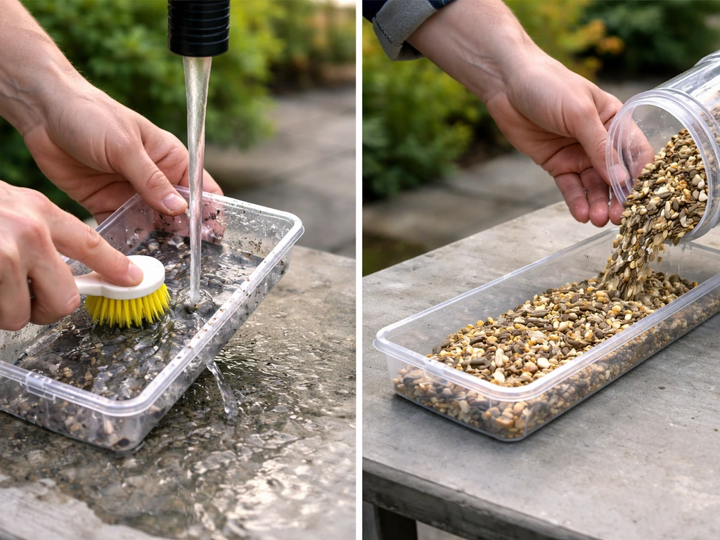 Hands scrub and rinse a tray bird feeder, then dry seed is replaced after drying.