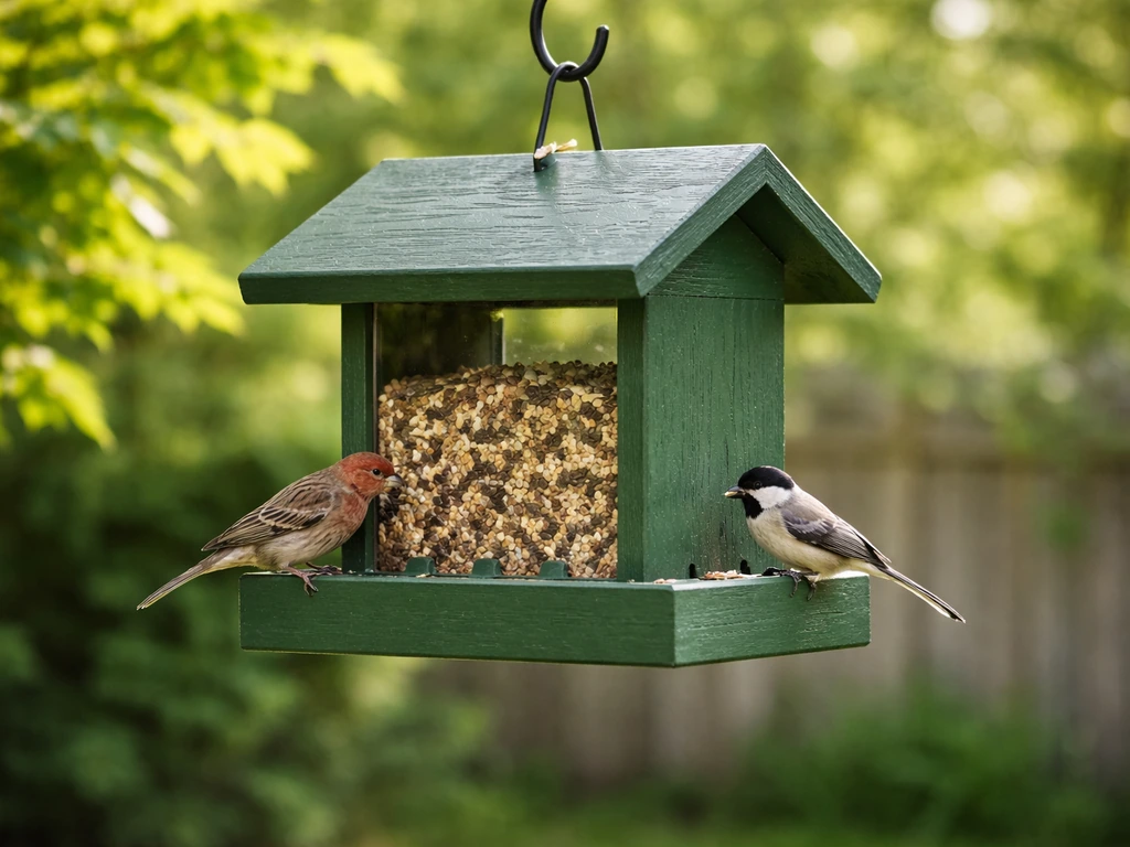 Green freshly painted bird feeder with two small birds perched, in natural backyard sunlight.