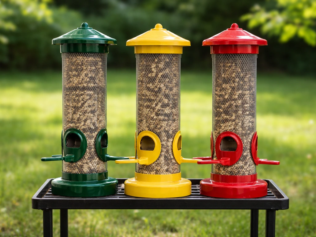 Side-by-side green, yellow, and red bird feeders in a backyard, suggesting bird-friendly color choices.