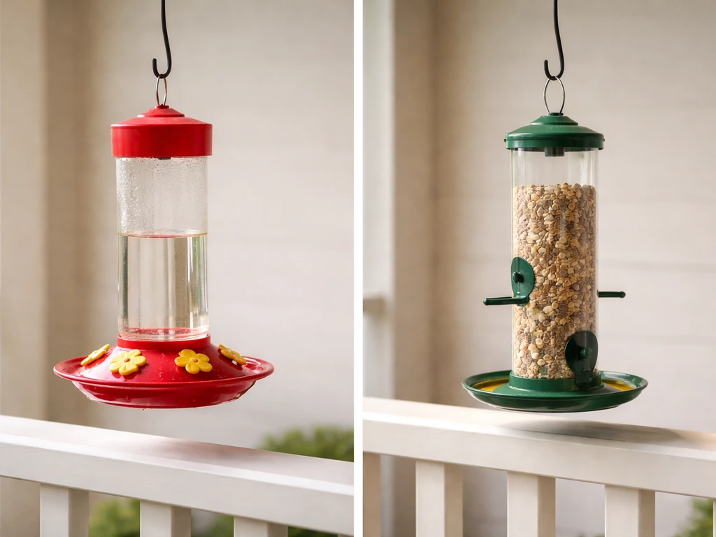 Side-by-side red hummingbird feeder and green-yellow seed feeder on a quiet porch railing.
