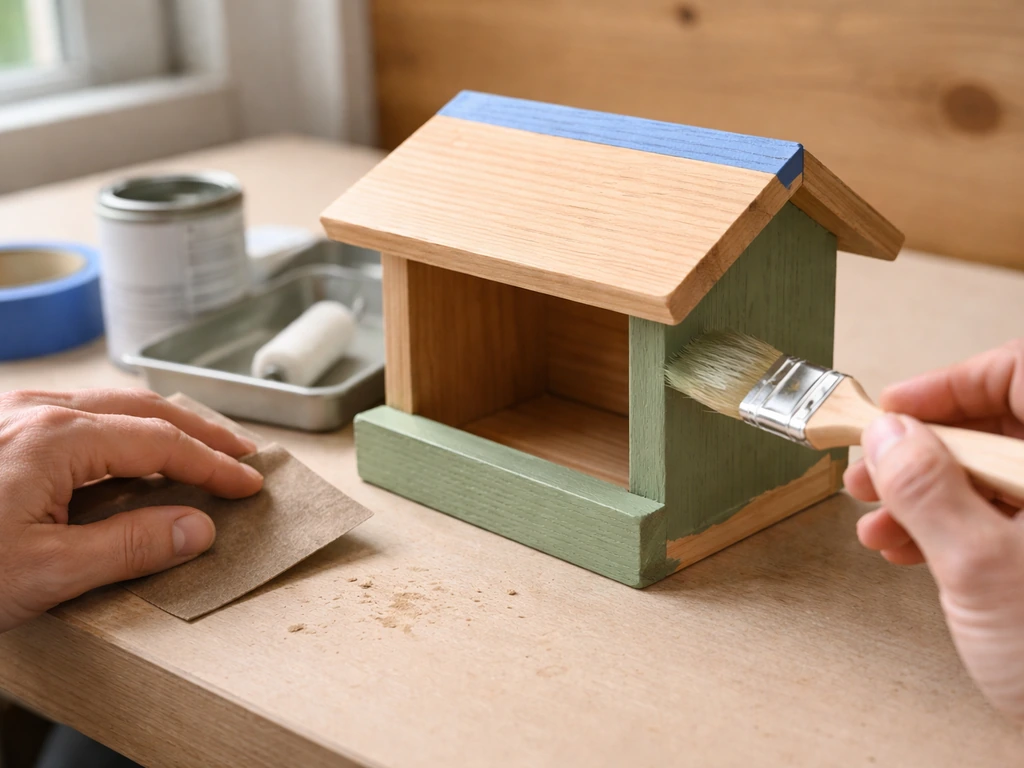 Hands sanding and painting a wooden bird feeder on a workbench with bird-safe supplies.