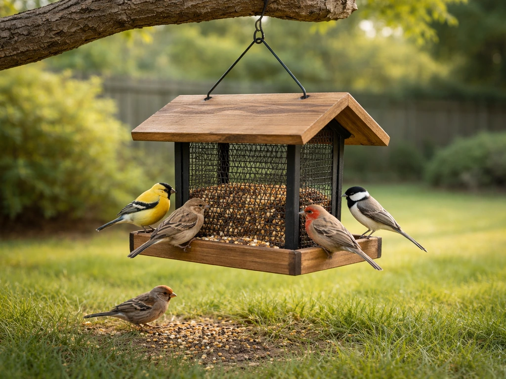 Freshly hung bird feeder with several small birds perched and visible seed in a quiet backyard.