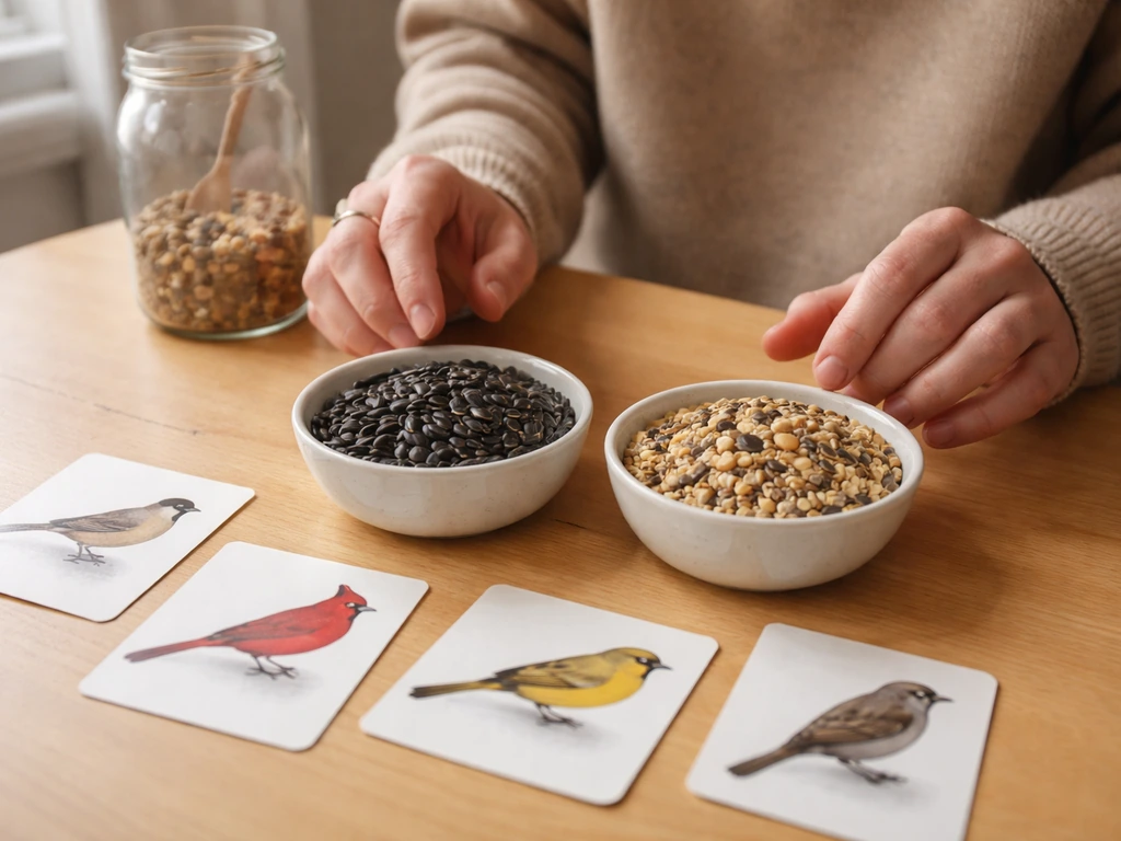 Beginner at a kitchen table comparing bird food and simple bird silhouette cards