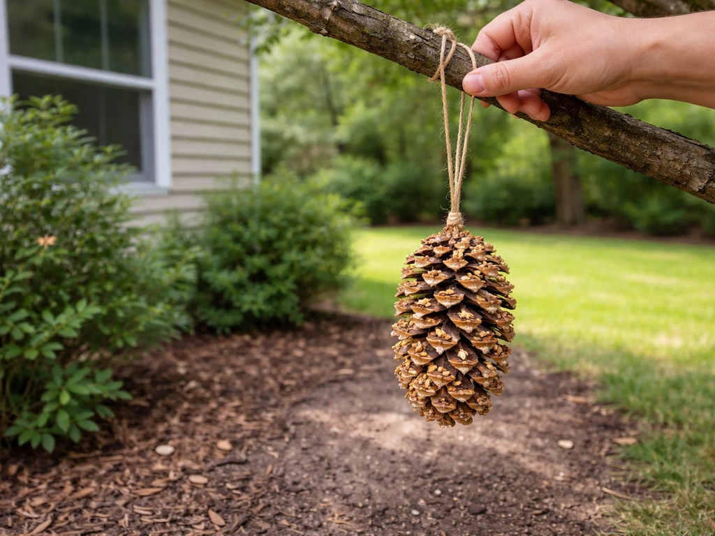 Hand tying twine to a pinecone feeder on a tree branch, with safe distance from a nearby window
