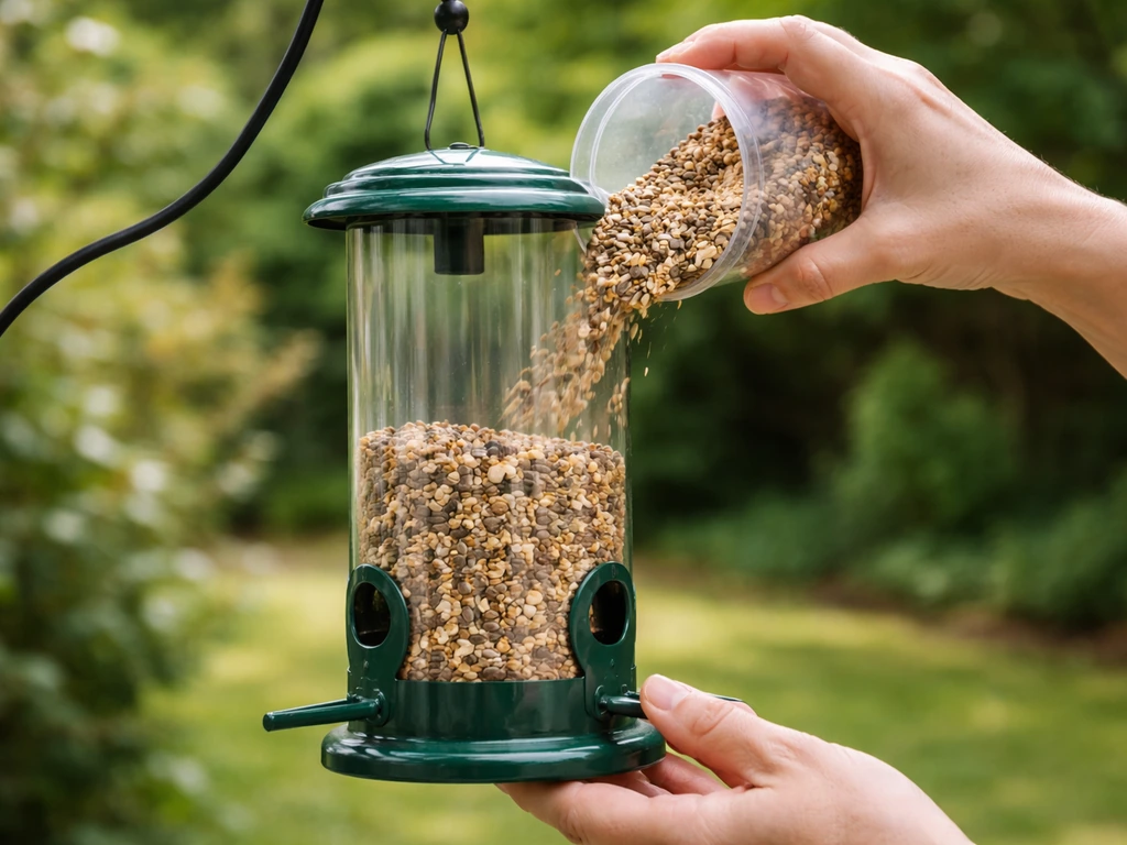 Person pouring birdseed into a feeder about two-thirds full, close-up in a backyard