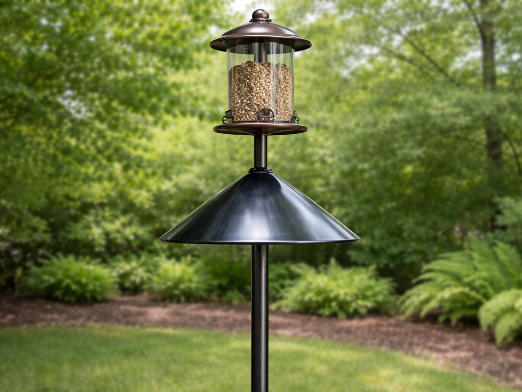 A squirrel can’t reach a bird feeder on a smooth metal pole with a baffle blocking access.