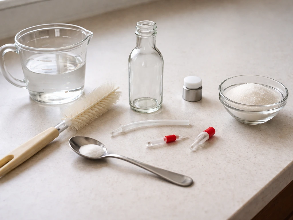 DIY nectar feeder supplies: bottle, feeding-tube parts, stopper, bottle brush, and measuring cups on a table.