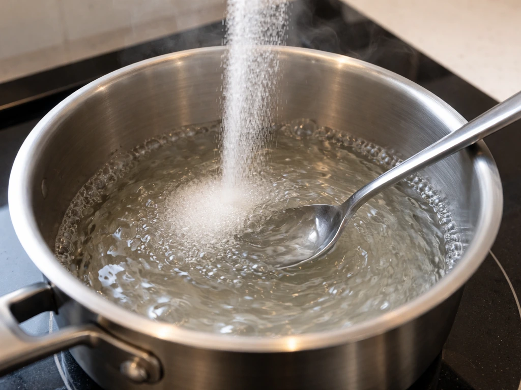 Close-up of clear sugar syrup dissolving in a clean saucepan over boiling water