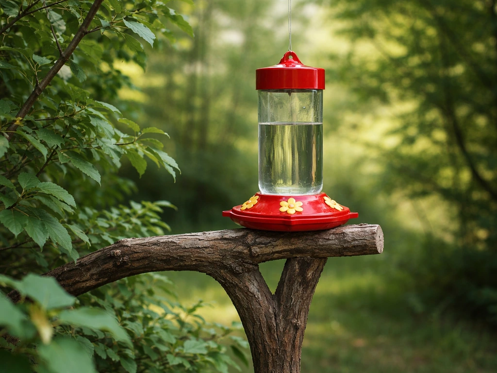 Hummingbird feeder mounted 4–6 feet high on a branch with nearby shrubs providing shelter.