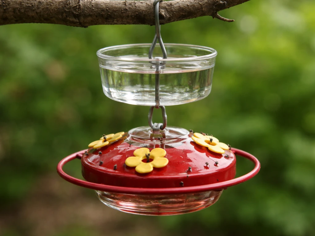 Close-up of a nectar feeder hanging on a branch with a small water-filled ant moat cup blocking ants.