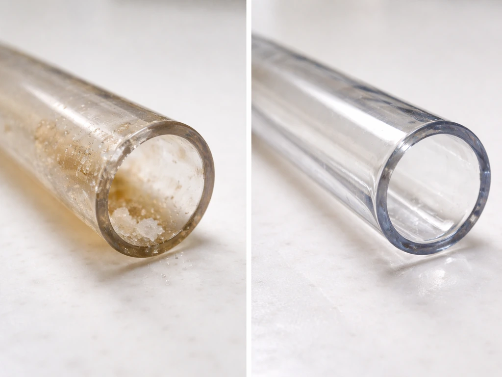 Side-by-side close-ups of a nectar feeding tube: left clogged with sugar crystals, right clean and clear.