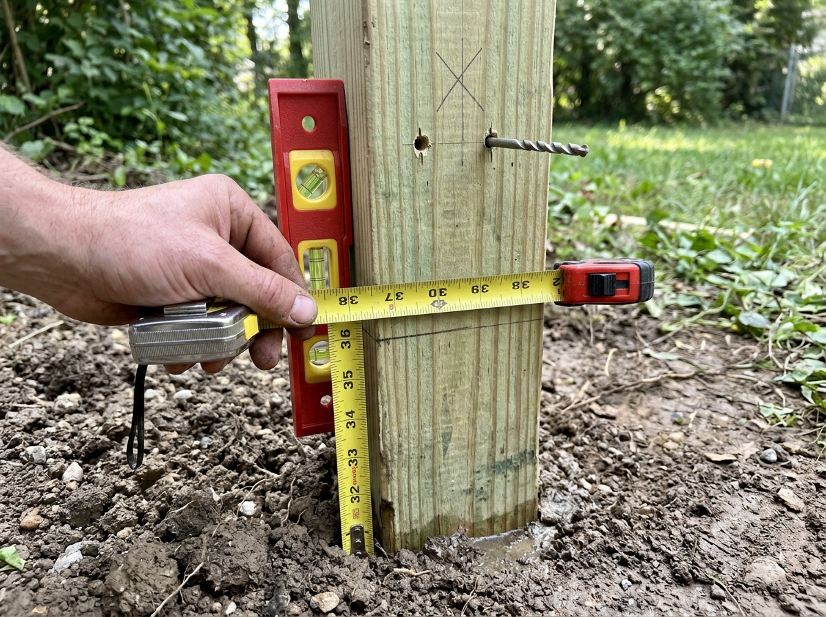 Measuring and marking a wooden DIY bird feeder pole for height and mounting