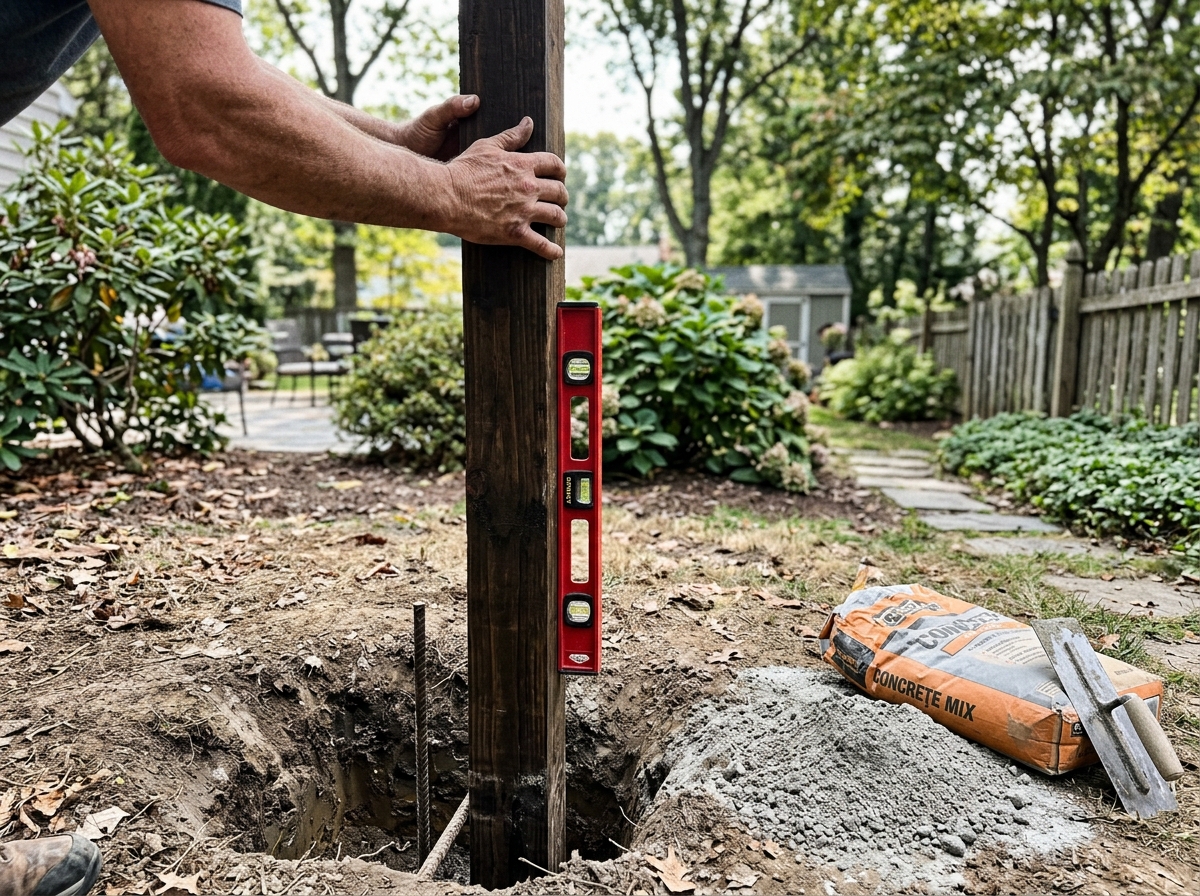 Installing a DIY bird feeder pole upright and aligned in a yard