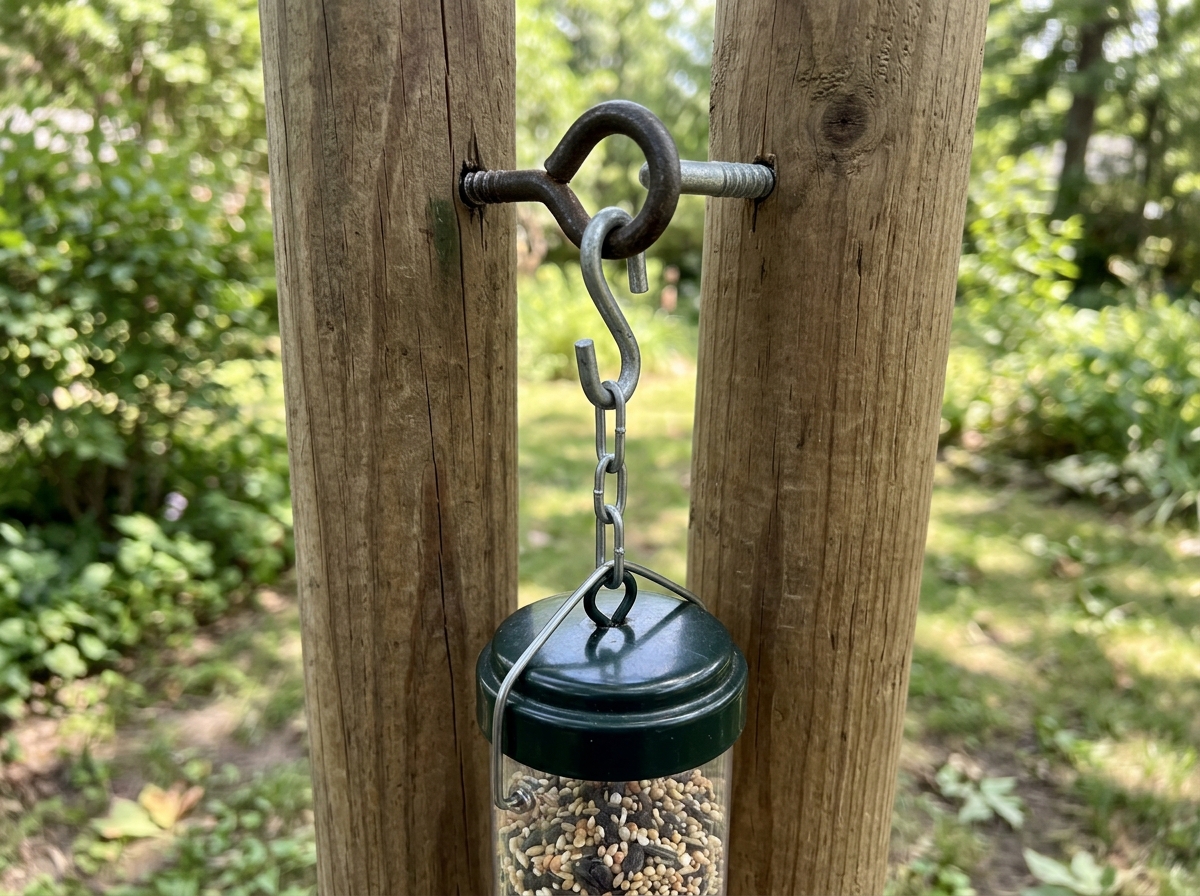 S-hook and chain attaching a bird feeder to the DIY feeder pole