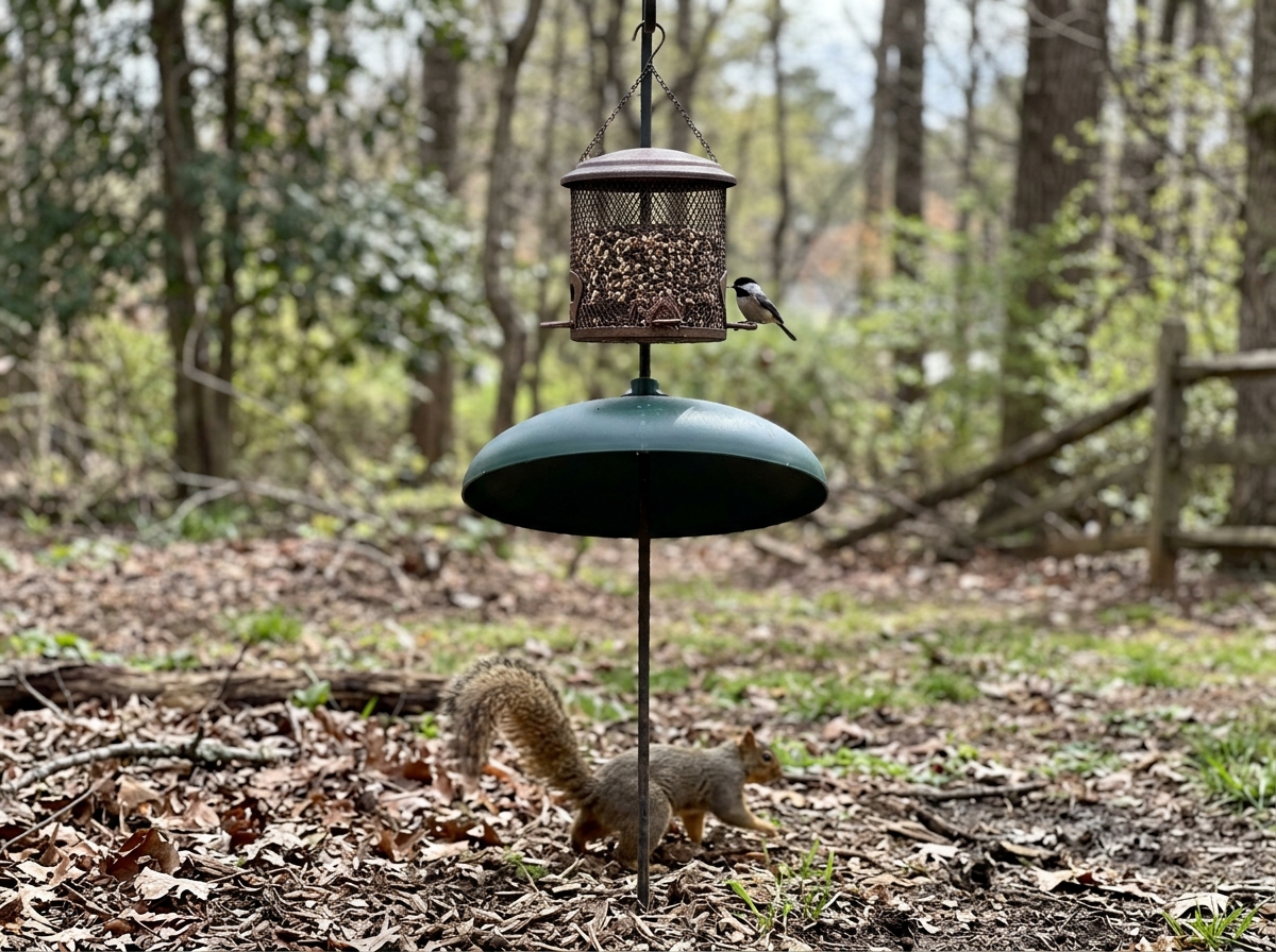 Squirrel still reaching toward a bird feeder pole despite the setup