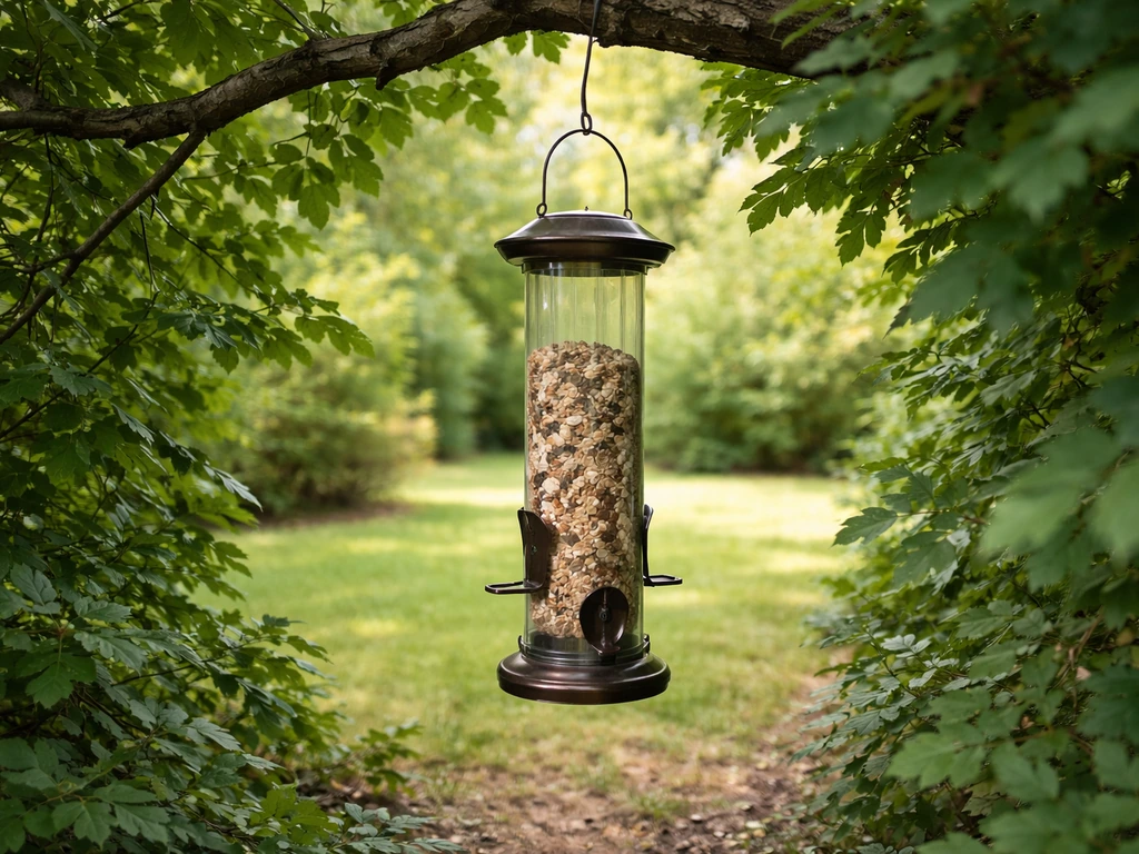 Bird feeder hanging under tree cover with good visibility, showing a safe, attractive spot for birds.