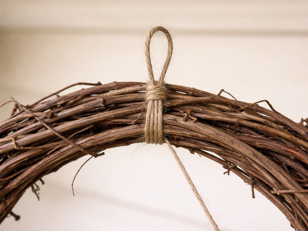 Close-up of a grapevine wreath frame securely fastened with sturdy thread and a small loop for hanging.