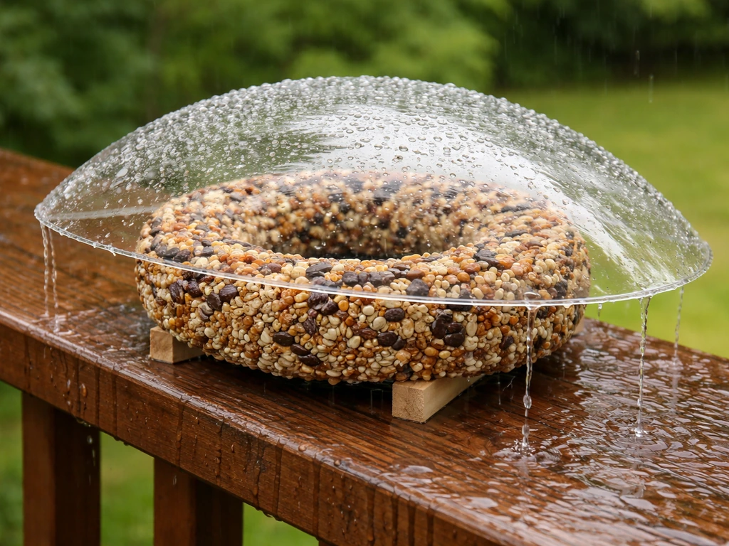 Bird seed wreath under a simple clear rain cover, with raindrops beading and draining off the edge
