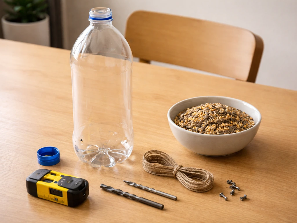 Bird bottle feeder parts laid out on a table: drilled plastic bottle, twine and cap, drill bits, screws, tape measure, b
