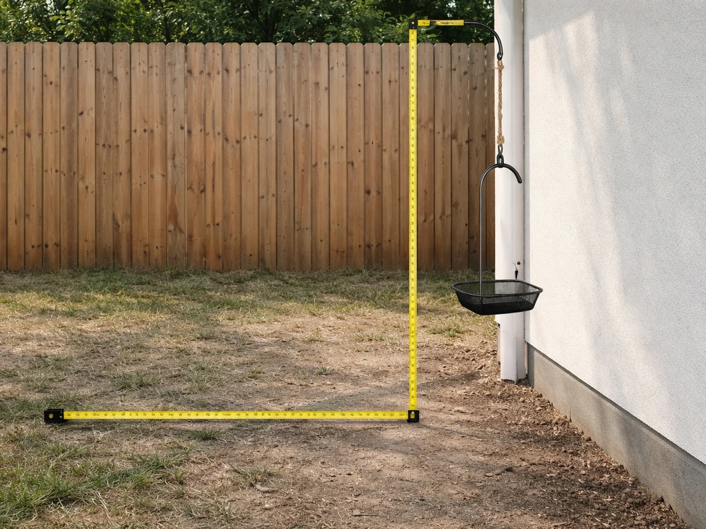Minimal photo showing a tape measure measuring feeder height and distances from a nearby building edge