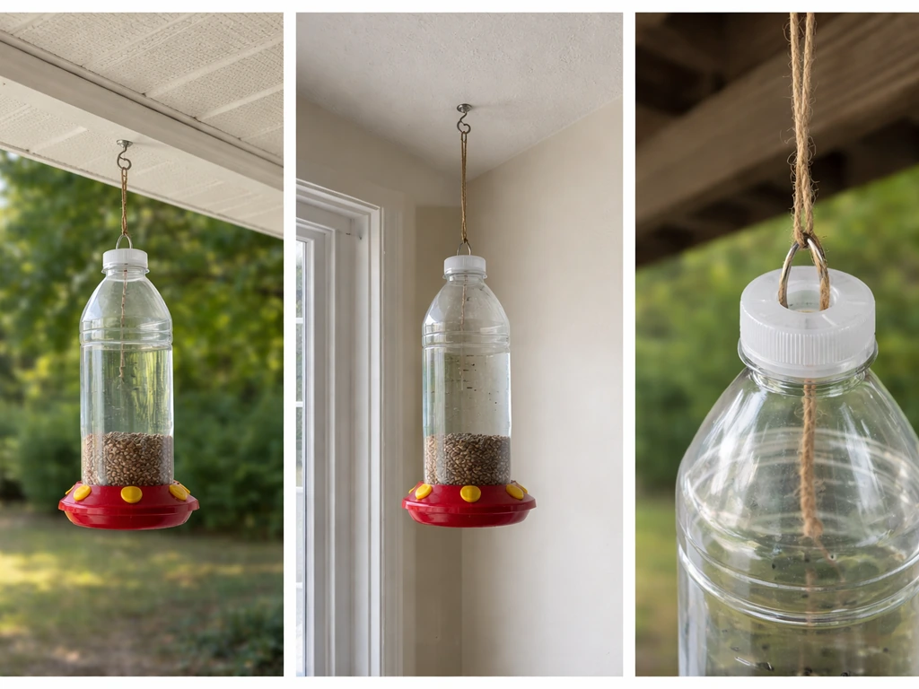 Triptych showing three ways to hang a plastic bottle feeder: porch hook, indoor hook, and cap-hole twine loop.