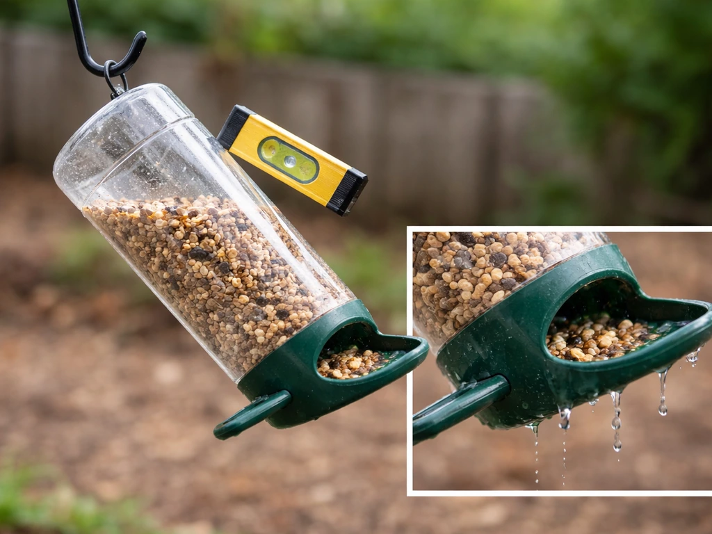 A bottle feeder hanging at a proper angle; level bubble centered and close-up shows drainage preventing seed spill.