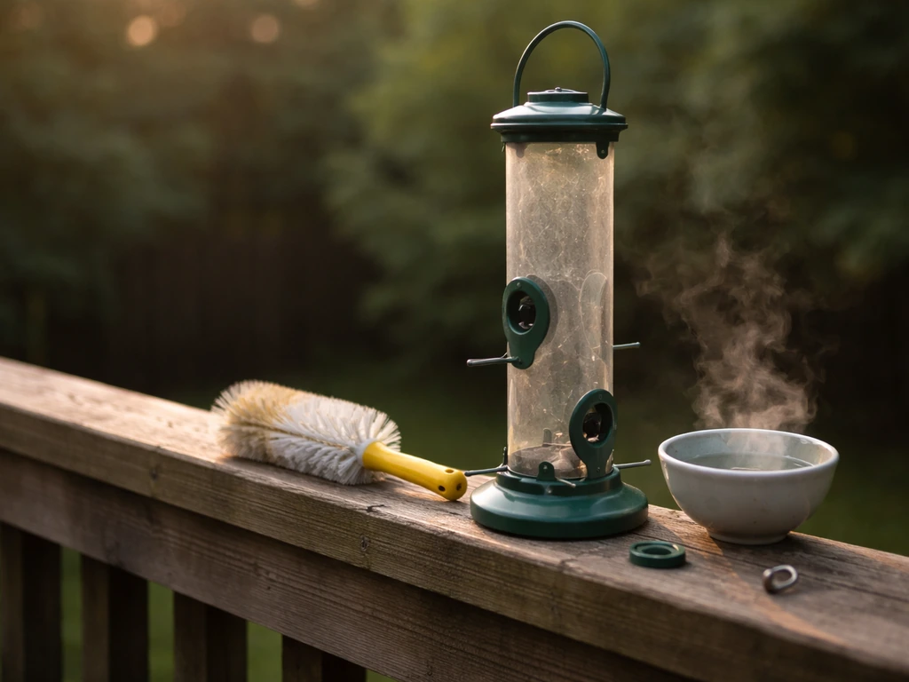Bird feeder on a fence with bottle brush and hot water, plus stabilizing piece for quick fixes.
